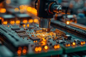 A robotic arm demonstrates the efficiency and accuracy of automated electronics assembly, highlighting the advantages of outsourcing production to specialized services.