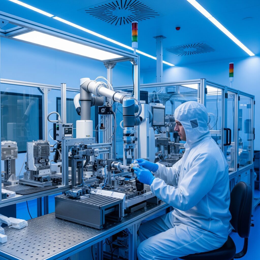 Technician in a sterile cleanroom suit performing precision life sciences manufacturing on a complex medical device with the help of a robotic arm.