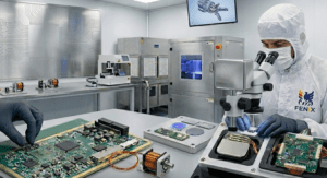 A professional ISO 13485-compliant cleanroom at Fenix MFG showing a technician assembling a medical-grade surgical robotic PCBA next to a plasma etching system and Litz wire winding components.