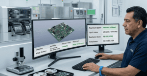 A Fenix MFG strategic sourcing lead in a production-view office validating a PCBA redesign. Dual monitors display a 3D board model with component substitution and an executive dashboard showing DR-CAFTA duty-free status, ISO 13485 compliance, and a high supply chain resilience score.
