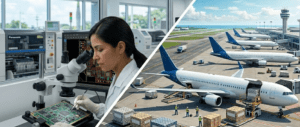Fenix MFG engineer inspecting a complex PCBA alongside cargo planes on the tarmac, illustrating the connection between electronics manufacturing and nearshore JIT logistics.
