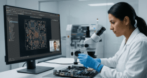 Fenix MFG engineer conducting a real-time DFM review of a PCBA while on a same-timezone video call, illustrating synchronous nearshore engineering.