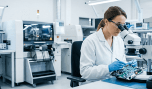 A Fenix hardware engineer meticulously inspecting a complex PCBA under a microscope in a modern nearshore electronics manufacturing facility, with an operational SMT machine in the background.