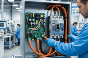 A Fenix technician meticulously terminating a heavy high-voltage power cable into a consolidated electromechanical assembly featuring a power PCBA and industrial circuit breaker for a megawatt EV charging station.