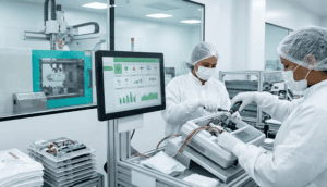 Two manufacturing engineers in ESD-safe cleanroom garments perform precision electromechanical assembly on a medical device. A digital quality control screen is visible at the workstation, while a plastic injection molding machine operates in the background within an ISO-certified facility.
