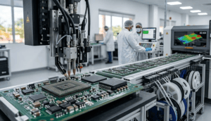 Close-up of an automated SMT pick and place machine with a multi-nozzle vacuum head accurately populating tiny micro-components onto dense compact PCBA panels. Small PCBs advance on a conveyor toward a 3D Automated Optical Inspection (AOI) machine. Engineers monitor control screens in the background. A 'Fenix Manufacturing Solutions' logo is visible on the equipment. Represents efficient nearshore SMT for high-speed consumer electronics manufacturing and rapid PCBA prototyping.
