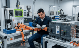 A manufacturing technician assembling high-voltage EV-spec cables and a large UL and IEC certified industrial circuit breaker at a modern testing workstation.
