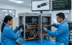 Two manufacturing technicians performing electromechanical assembly on a commercial EV charging hub with overmolded high-voltage cabling at an ESD-safe workstation.