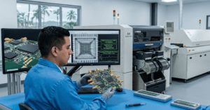 A quality assurance engineer inspecting a high-frequency telecom printed circuit board using 3D Automated X-Ray Inspection (AXI) software in a nearshore manufacturing facility.