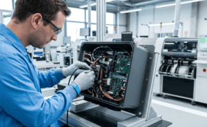 Electronics manufacturing technician assembling a complex electromechanical industrial box build enclosure at a nearshore EMS facility.