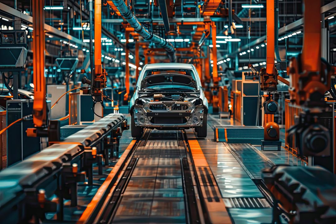 Unfinished car body on a conveyor belt in a large automotive factory.