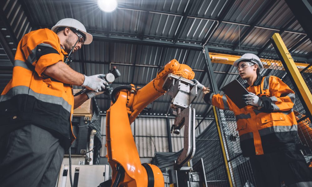 Engineer team service robot welding working in automation factory. People worker in safety suit work robotic arm software programming or replacing part in automated manufacturing industry technology.