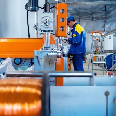 Production of copper wire, cable in reels at factory. Cable factory.