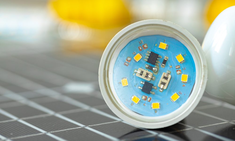 Solar energy panel and light bulb, green energy concept