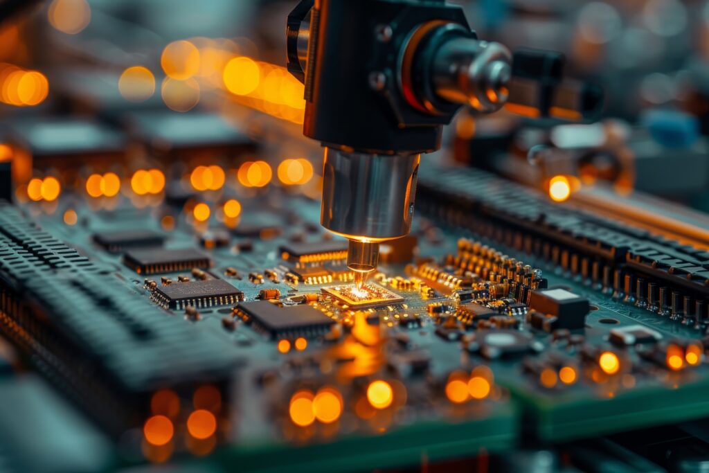 A robotic arm demonstrates the efficiency and accuracy of automated electronics assembly, highlighting the advantages of outsourcing production to specialized services.