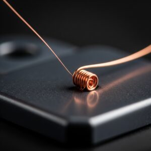 Macro photograph showing an ultra-fine, gleaming copper wire being precisely wound into a tiny, intricate coil on a dark, high-tech electronic component, illustrating miniaturization in advanced manufacturing.