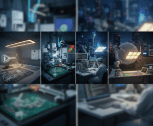 Modern lighting manufacturing process showing design, PCB assembly, testing, and smart fixture integration in a tech lab setting.