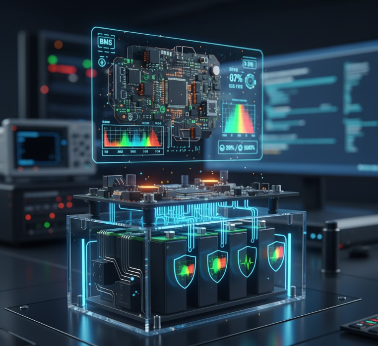 Battery Management System (BMS) with electronic circuitry monitoring battery cells, showing data readouts and protective functions.