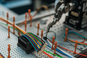A close-up view of wire harness manufacturing showing colorful bundled cables, precision tools, and automated machinery inside a modern industrial facility.