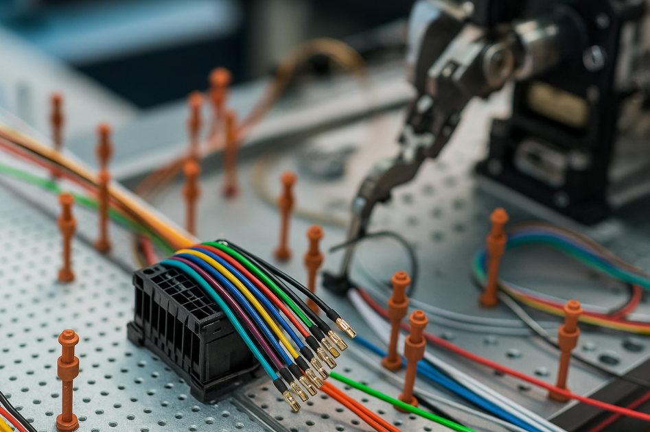 A close-up view of wire harness manufacturing showing colorful bundled cables, precision tools, and automated machinery inside a modern industrial facility.