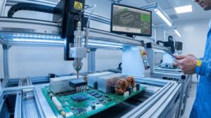 Automated power electronics manufacturing process showing a robotic arm assembling a high-voltage PCB with copper inductors and heavy-duty heatsinks, monitored by a quality control engineer.