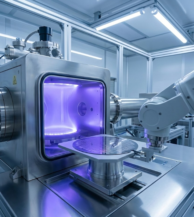 Primer plano del proceso de grabado por plasma (plasma etching) con luz violeta tratando la superficie de un PCB de alta densidad dentro de una cámara de vacío.