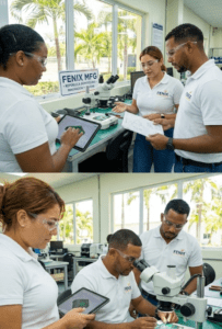 Fenix MFG engineering team in the Dominican Republic collaborating on PCB design and quality control using tablets and microscopes.