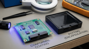 Side-by-side comparison of a printed circuit board with thin conformal coating under UV inspection light versus a PCB fully encapsulated in black potting compound.