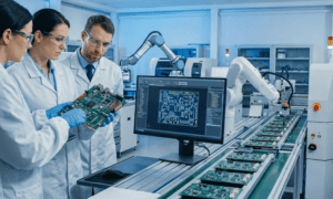 Electronics engineers inspecting a PCB prototype and CAD design during the New Product Introduction (NPI) process.