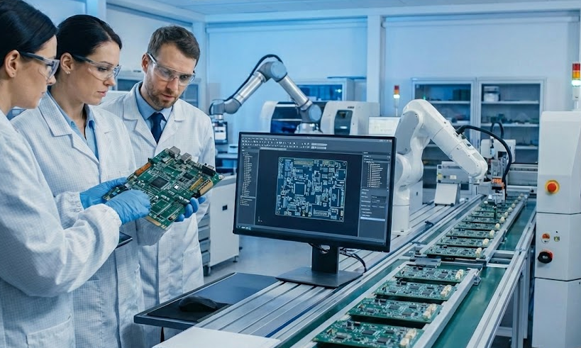 Electronics engineers inspecting a PCB prototype and CAD design during the New Product Introduction (NPI) process.