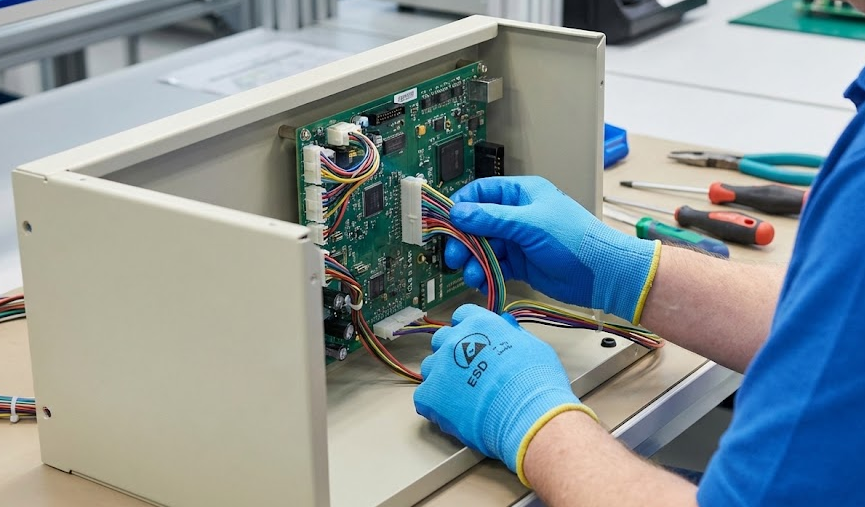 Technician with ESD gloves performing box build assembly, connecting a wire harness to a PCB inside a metal enclosure.