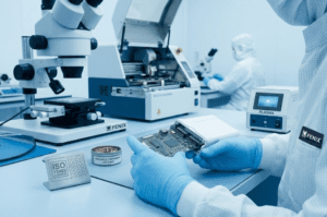 Close-up of a medical PCB assembly in a cleanroom with traceable components and ISO 13485 compliance tools at Fenix MFG.