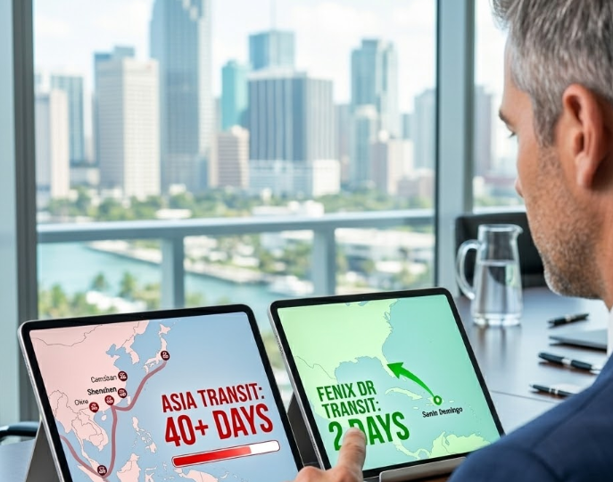 Executive perspective comparing 2-day nearshoring transit from Dominican Republic vs 40-day Asia shipping on digital tablets at Fenix MFG.