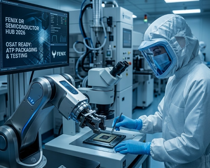 Fenix MFG technician in a cleanroom performing OSAT (Outsourced Semiconductor Assembly and Testing) using precision digital inspection for chip packaging in the Dominican Republic.