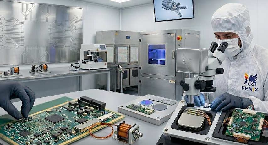 A professional ISO 13485-compliant cleanroom at Fenix MFG showing a technician assembling a medical-grade surgical robotic PCBA next to a plasma etching system and Litz wire winding components.