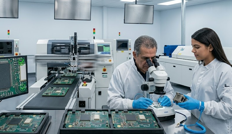 A professional nearshore electronics cleanroom showing engineers in ESD-safe gear performing 48-hour rapid PCBA prototyping, using stereo microscope inspection and high-speed SMT assembly for an IoT device.