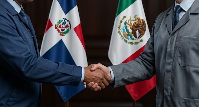 Professional handshake between a Dominican and Mexican manufacturing representative with flags in the background, symbolizing the DR-CAFTA and Mexico electronics trade synergy.