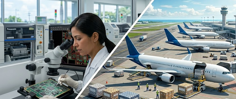Fenix MFG engineer inspecting a complex PCBA alongside cargo planes on the tarmac, illustrating the connection between electronics manufacturing and nearshore JIT logistics.