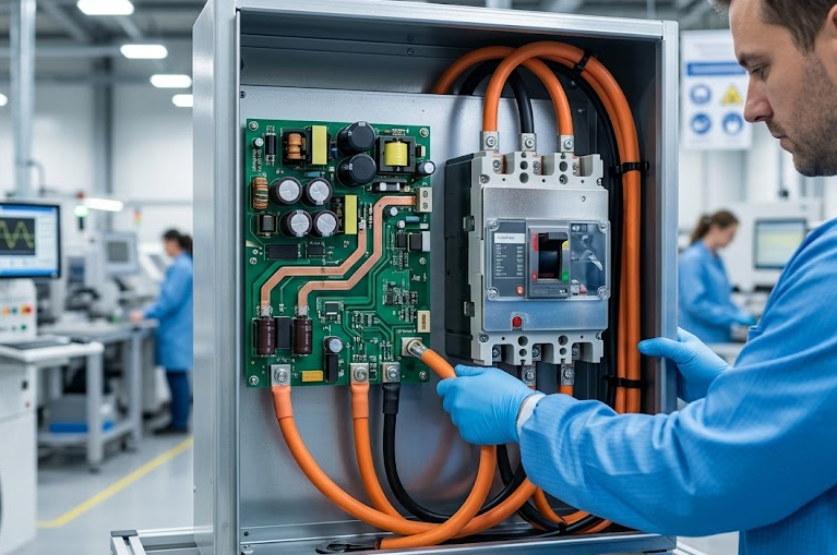 A Fenix technician meticulously terminating a heavy high-voltage power cable into a consolidated electromechanical assembly featuring a power PCBA and industrial circuit breaker for a megawatt EV charging station.