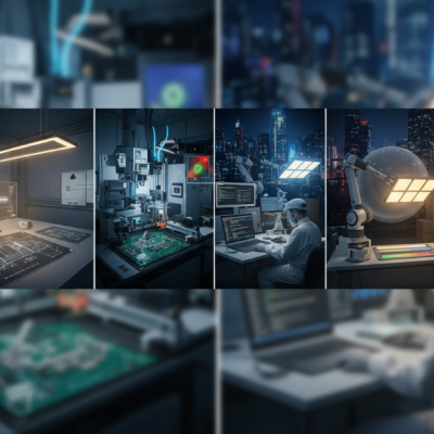 Modern lighting manufacturing process showing design, PCB assembly, testing, and smart fixture integration in a tech lab setting.