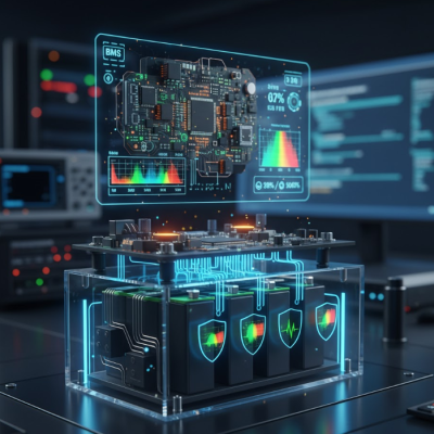 Battery Management System (BMS) with electronic circuitry monitoring battery cells, showing data readouts and protective functions.