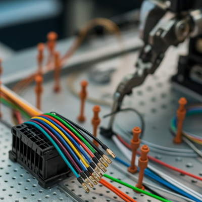 A close-up view of wire harness manufacturing showing colorful bundled cables, precision tools, and automated machinery inside a modern industrial facility.
