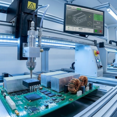 Automated power electronics manufacturing process showing a robotic arm assembling a high-voltage PCB with copper inductors and heavy-duty heatsinks, monitored by a quality control engineer.