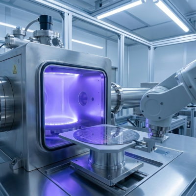 Primer plano del proceso de grabado por plasma (plasma etching) con luz violeta tratando la superficie de un PCB de alta densidad dentro de una cámara de vacío.