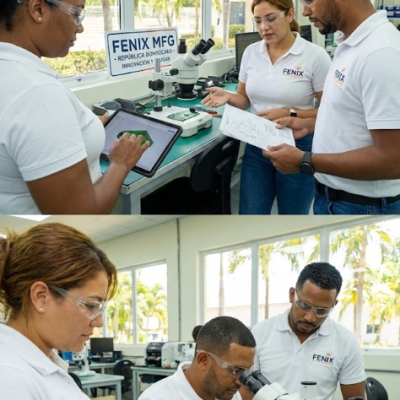 Fenix MFG engineering team in the Dominican Republic collaborating on PCB design and quality control using tablets and microscopes.