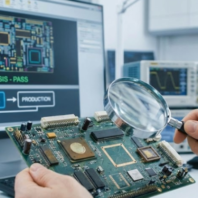 Engineer performing DFM analysis on a PCB prototype with a magnifying glass, ensuring the design is optimized for mass production and supply chain resilience.