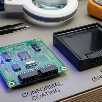Side-by-side comparison of a printed circuit board with thin conformal coating under UV inspection light versus a PCB fully encapsulated in black potting compound.