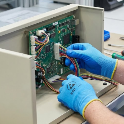 Technician with ESD gloves performing box build assembly, connecting a wire harness to a PCB inside a metal enclosure.