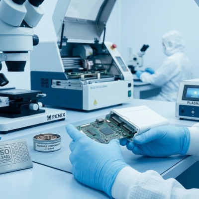 Close-up of a medical PCB assembly in a cleanroom with traceable components and ISO 13485 compliance tools at Fenix MFG.
