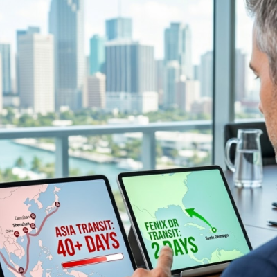 Executive perspective comparing 2-day nearshoring transit from Dominican Republic vs 40-day Asia shipping on digital tablets at Fenix MFG.